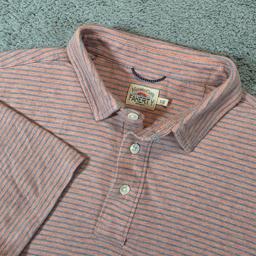 Faherty The Movement Polo Shirt Mens S Pink Blue Striped Short Sleeve Stretch